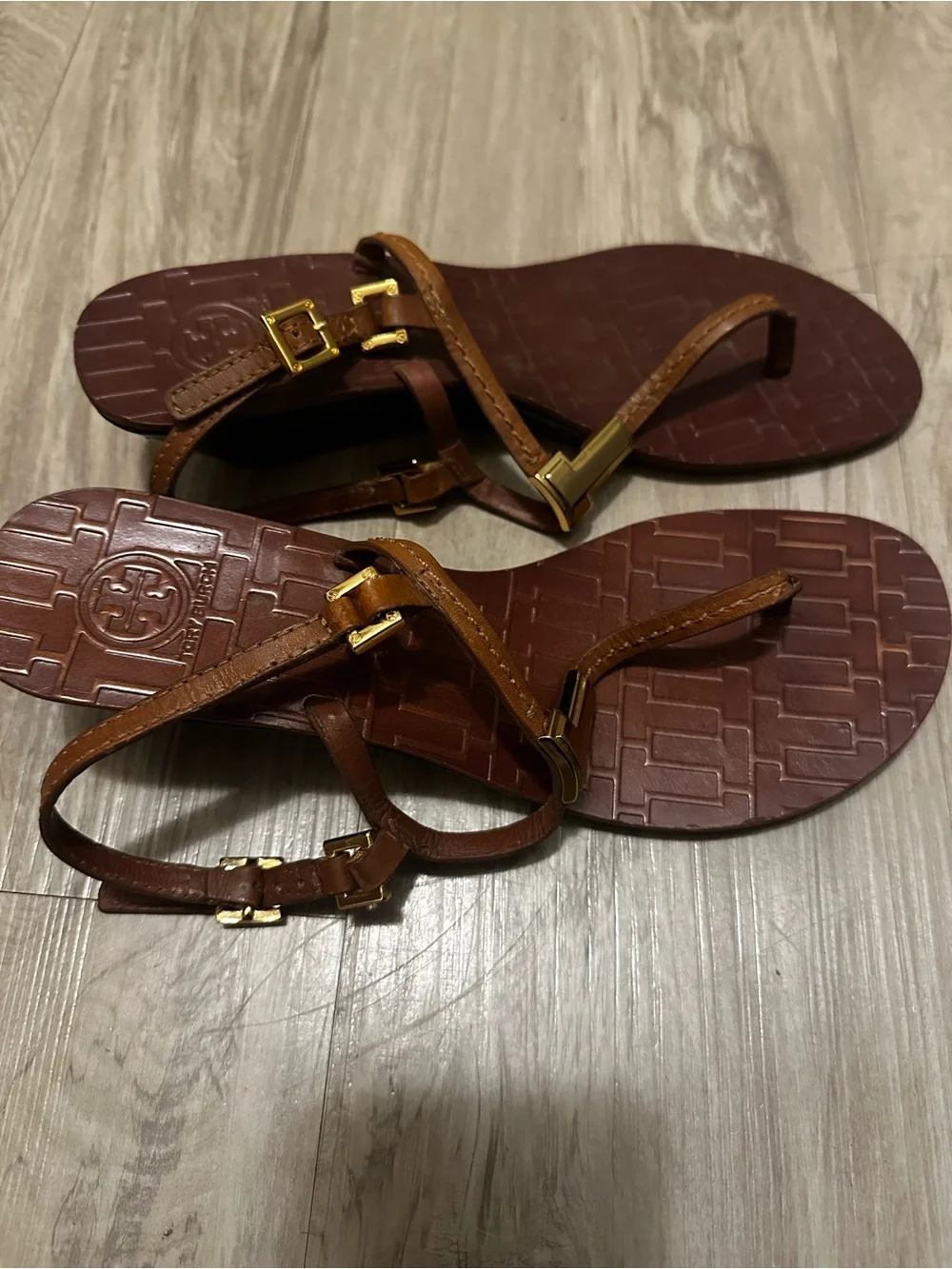 Tory Burch Tan Leather T-Strap Wedge Sandals with Gold Hardware